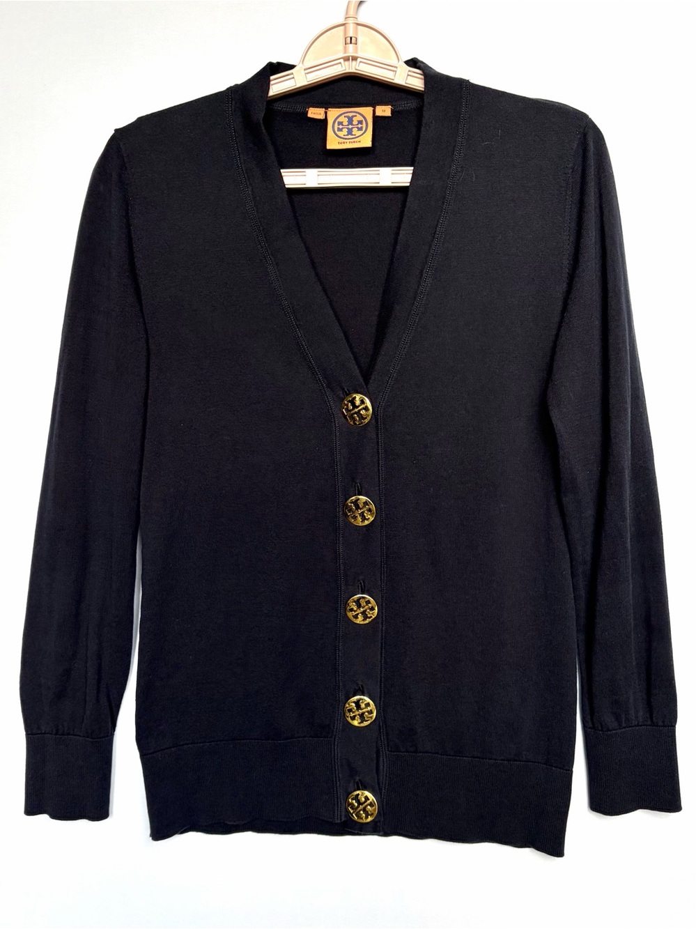 Tory Burch Simone Knit Cardigan Black 100% Cotton Gold Double T Buttons Size M